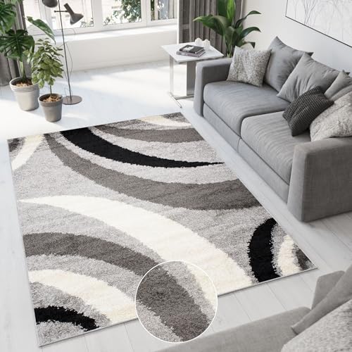 TAPISO Delhi Teppich Shaggy Hochflor Langfloorteppich Schwarz Grau Creme Wellen Halbkreise Geometrisch Wohnzimmer Schlafzimmer Modern Design ÖKOTEX 160 x 220 cm von TAPISO