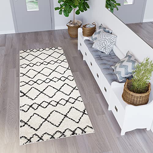 TAPISO Delhi Teppichläufer Hochflor Langflor Shaggy Creme Schwarz Zigzag Ethno Modern Design Wohnzimmer Schlafzimmer Diele Flur ÖKO-TEX 60 x 170 cm von TAPISO