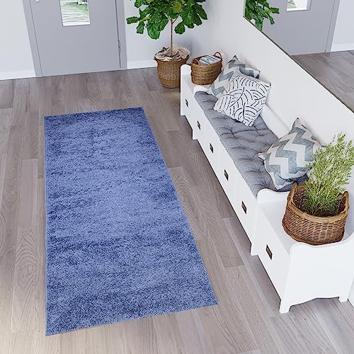 TAPISO Delhi Teppichläufer Hochflor Shaggy Blau Dunkelblau Einfarbig Modern Design Flauschig Langflor Wohnzimmer Schlafzimmer Flur ÖKO-TEX 70 x 390 cm von TAPISO