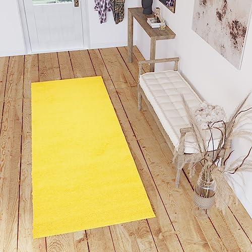 TAPISO Delhi Teppichläufer Hochflor Shaggy Gelb Einfarbig Weich Modern Design Flauschig Langflor Wohnzimmer Schlafzimmer Flur ÖKO-TEX 80 x 400 cm von TAPISO