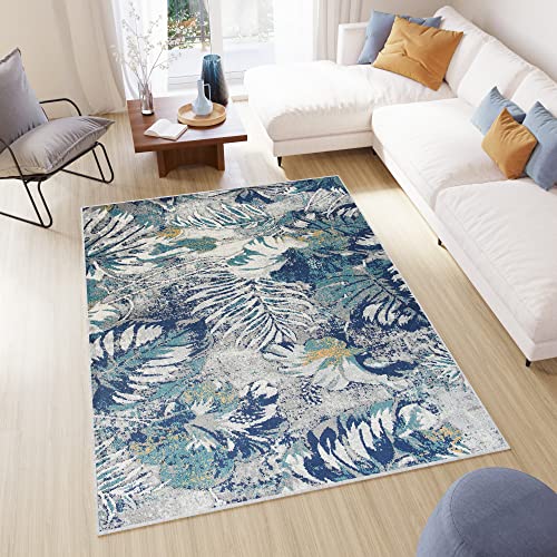 TAPISO Denver Teppich Kurzflor Blau Grau Gelb Blätter Pflanzen Exotisch Schlafzimmer Wohnzimmer Büro Modern Design ÖKOTEX 200 x 300 cm von TAPISO