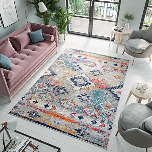 TAPISO Denver Teppich Kurzflor Blau Grau Orange Bunt Figuren Streifen Geometrisch Schlafzimmer Wohnzimmer Büro Modern Design ÖKOTEX 80 x 150 cm von TAPISO