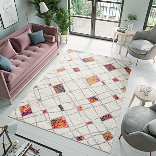 TAPISO Denver Teppich Kurzflor Blau Grau Orange Rosa Creme Boho Quadrate Vierecke Schlafzimmer Wohnzimmer Büro Modern Design ÖKOTEX 180 x 250 cm von TAPISO