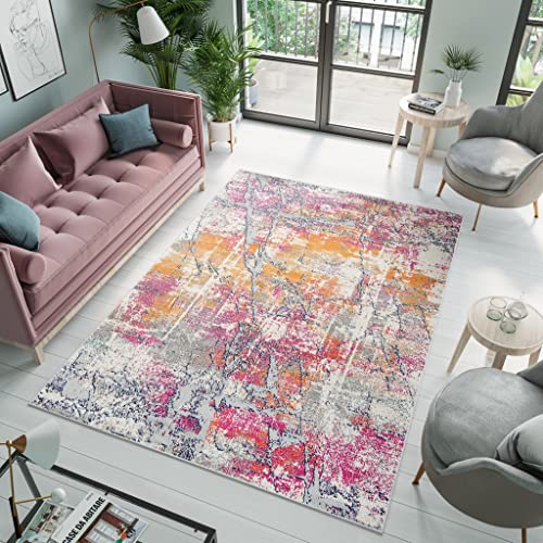 TAPISO Denver Teppich Kurzflor Blau Grau Orange Rosa Meliert Verwischt Abstrakt Linien Schlafzimmer Wohnzimmer Büro Modern Design ÖKOTEX 160 x 230 cm von TAPISO