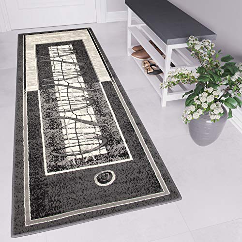 TAPISO Dream Läufer Flur Teppich Kurzflor Modern Brücke Grau Creme Abstrakt Wellen Streifen Linien Muster Bordüre Korridor ÖKOTEX 70 x 200 cm von TAPISO