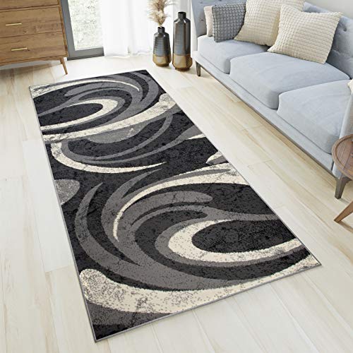 TAPISO Dream Läufer Flur Teppich Kurzflor Modern Brücke Grau Creme Asbtrakt Streifen Wellen Muster Designer Wohnzimmer ÖKOTEX 100 x 150 cm von TAPISO