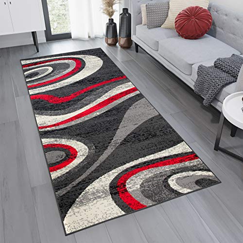 TAPISO Dream Läufer Flur Teppich Kurzflor Modern Brücke Grau Creme Rot Streifen Wellen Kreise Muster Wohnzimmer ÖKOTEX 80 x 250 cm von TAPISO