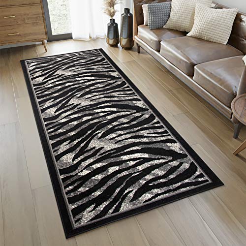 TAPISO Dream Läufer Flur Teppich Kurzflor Modern Brücke Grau Schwarz Creme Meliert Streifen Linien Zebra Tiger Tierfell Muster ÖKOTEX 70 x 150 cm von TAPISO