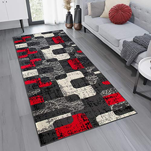 TAPISO Dream Läufer Flur Teppich Kurzflor Modern Teppichläufer Brücke Grau Creme Rot Meliert Viereck Muster Wohnzimmer ÖKOTEX 70 x 150 cm von TAPISO