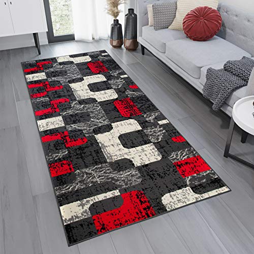 TAPISO Dream Läufer Flur Teppich Kurzflor Modern Teppichläufer Brücke Grau Creme Rot Meliert Viereck Muster Wohnzimmer ÖKOTEX 80 x 200 cm von TAPISO