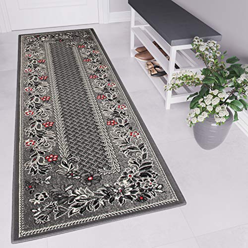 TAPISO Dream Läufer Flur Teppich Kurzflor Retro Brücke Grau Rot Karo Floral Blumen Abstrakt Muster Wohnzimmer ÖKOTEX 80 x 400 cm von TAPISO