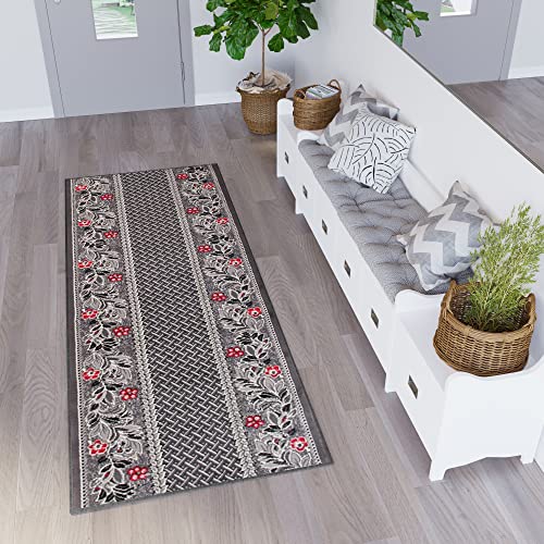 TAPISO Dream Läufer Teppich Flur Brücke Modern Blumen Floral Streifen Abstrakt Muster in Grau Creme Rot Korridor Wohnzimmer ÖKOTEX 80 x 490 cm von TAPISO