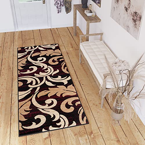 TAPISO Dream Teppich Läufer Flur Brücke Modern Blumen Floral Abstrakt Muster in Braun Schwarz Rot Korridor Wohnzimmer ÖKOTEX 80 x 250 cm von TAPISO