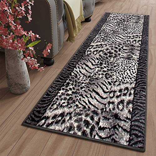 TAPISO Dream Teppich Läufer Flur Brücke Modern Leopard Tiger Streifen Tier Muster in Grau Creme Schwarz Korridor Wohnzimmer ÖKOTEX 100 x 110 cm von TAPISO