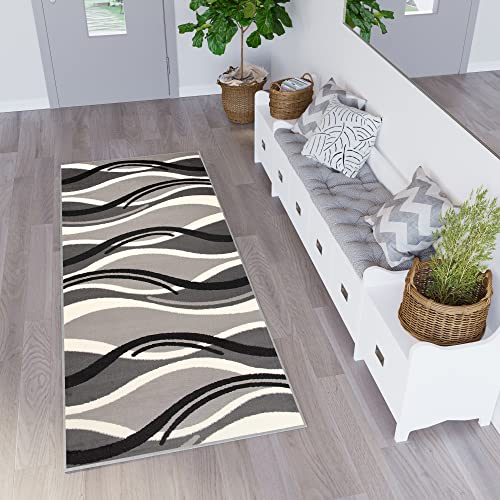 TAPISO Dream Teppich Läufer Flur Brücke Modern Streifen Wellen Muster in Grau Weiss Schwarz Korridor Wohnzimmer ÖKOTEX 70 x 100 cm von TAPISO