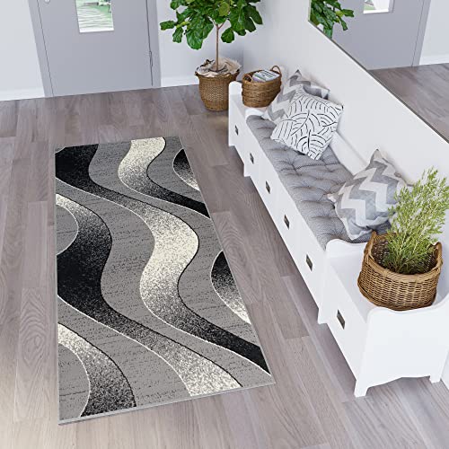 TAPISO Dream Teppich Läufer Flur Brücke Modern Streifen Wellen Streifen Muster in Hellgrau Creme Schwarz Korridor Wohnzimmer ÖKOTEX 120 x 260 cm von TAPISO