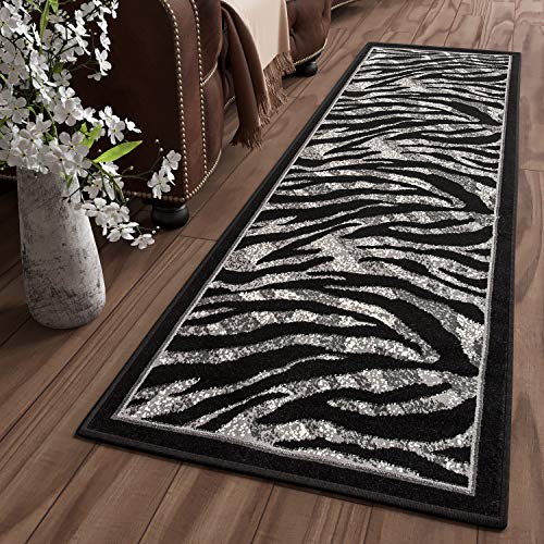 TAPISO Dream Teppich Läufer Flur Brücke Modern Zebra Streifen Tier Muster in Creme Grau Schwarz Korridor Wohnzimmer ÖKOTEX 100 x 220 cm von TAPISO