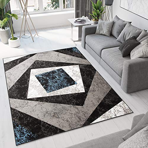 TAPISO Dream Teppich Modern Wohnzimmer Kurzflor Grau Schwarz Creme Blau Vierecke Geometrisch Meliert Schlafzimmer Esszimmer ÖKOTEX 300 x 400 cm von TAPISO