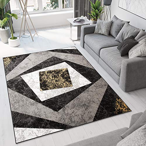 TAPISO Dream Teppich Modern Wohnzimmer Kurzflor Grau Schwarz Creme Gelb Vierecke Meliert Schlafzimmer Esszimmer ÖKOTEX 140 x 200 cm von TAPISO