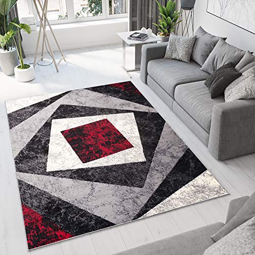 TAPISO Dream Teppich Modern Wohnzimmer Kurzflor Grau Schwarz Creme Rot Vierecke Geometrisch Meliert Schlafzimmer Esszimmer ÖKOTEX 180 x 250 cm von TAPISO