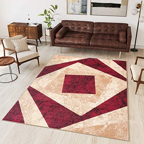 TAPISO Dream Teppich Modern Wohnzimmer Kurzflor Rot Beige Creme Vierecke Geometrisch Meliert Schlafzimmer Esszimmer ÖKOTEX 160 x 230 cm von TAPISO