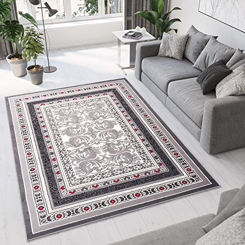 TAPISO Dream Teppich Wohnzimmer Kurzflor Grau Creme Rot Floral Ornament Orient Bordüre Klassisch Oriental Schlafzimmer ÖKOTEX 120 x 170 cm von TAPISO