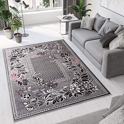 TAPISO Dream Teppich Wohnzimmer Kurzflor Grau Rot Creme Schwarz Floral Blumen Blätter Karo Bordüre Schlafzimmer Küche ÖKOTEX 150 x 300 cm von TAPISO