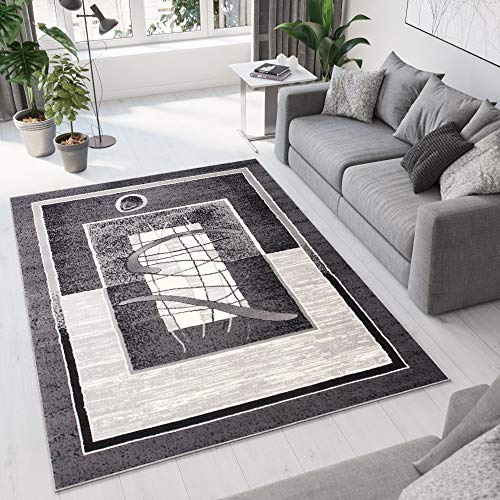 TAPISO Dream Teppich Wohnzimmer Kurzflor Grau Schwarz Creme Meliert Streifen Vierecke Modern Design Bordüre Schlafzimmer ÖKOTEX 250 x 350 cm von TAPISO