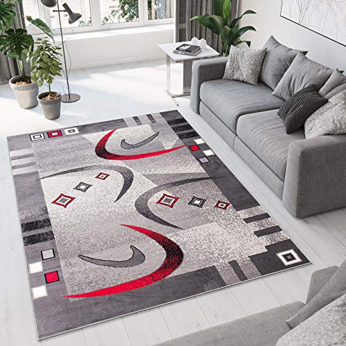 TAPISO Dream Teppich Wohnzimmer Kurzflor Modern Grau Creme Rot Bordüre Meliert Bumerang Vierecke Schlafzimmer Esszimmer ÖKOTEX 300 x 400 cm von TAPISO