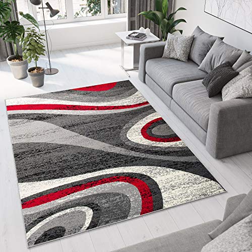 TAPISO Dream Teppich Wohnzimmer Kurzflor Modern Grau Rot Creme Wellen Streifen Meliert Verwischt Schlafzimmer Esszimmer ÖKOTEX 60 x 100 cm von TAPISO