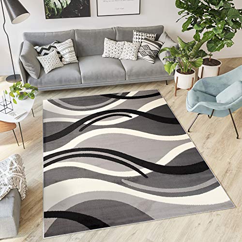TAPISO Dream Teppich Wohnzimmer Kurzflor Modern Grau Schwarz Weiß Wellen Streifen Esszimmer Schlafzimmer Küche ÖKOTEX 160 x 220 cm von TAPISO