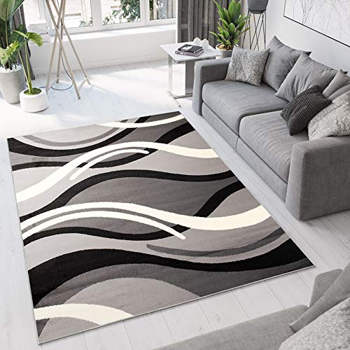 TAPISO Dream Teppich Wohnzimmer Kurzflor Modern Weiß Grau Schwarz Wellen Streifen Esszimmer Schlafzimmer Küche ÖKOTEX 250 x 350 cm von TAPISO
