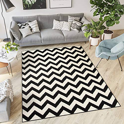 TAPISO Dream Teppich Wohnzimmer Modern Kurzflor Weiß Schwarz Geometrisch Zig Zag Streifen Gestreift Schlafzimmer ÖKOTEX 250 x 350 cm von TAPISO
