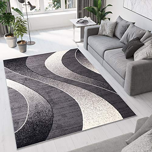 TAPISO Dream Teppich Wohnzimmer Schlafzimmer Esszimmer Kurzflor Modern Meliert Wellen Grau Dunkelgrau Creme ÖKOTEX 300 x 400 cm von TAPISO