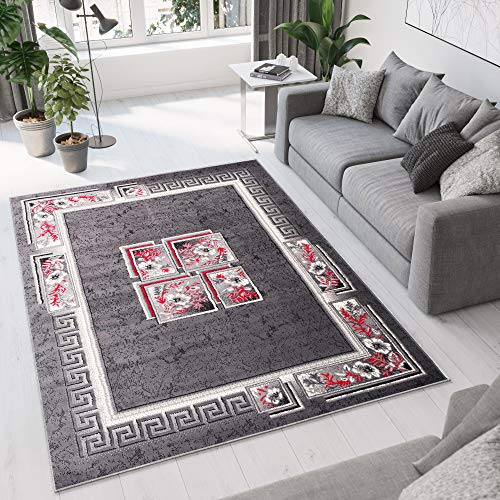 TAPISO Dream Teppich Wohnzimmer Schlafzimmer Kurzflor Modern Grau Creme Rot Griechisch Viereck Ornament Floral Bordüre Meliert ÖKOTEX 140 x 200 cm von TAPISO