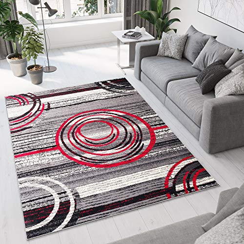 TAPISO Dream Teppich Wohnzimmer Schlafzimmer Kurzflor Modern Meliert Grau Creme Rot Kreise Streifen Design ÖKOTEX 80 x 150 cm von TAPISO