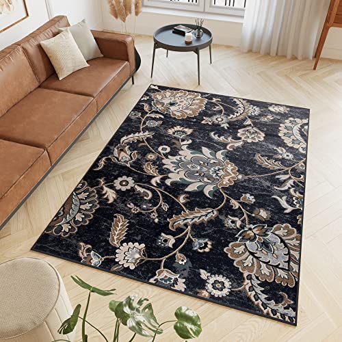 TAPISO Dubai Teppich Kurzflor Schwarz Creme Floral Blumen Blätter Design Modern Wohnzimmer Schlafzimmer ÖKO-TEX 120 x 170 cm von TAPISO