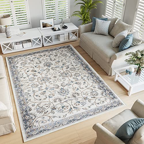 TAPISO Dubai Teppich Kurzflor Creme Hellgrau Floral Blumen Meliert Design Ornament Tradiotionell Klassisch Wohnzimmer Schlafzimmer ÖKO-TEX 200 x 300 cm von TAPISO