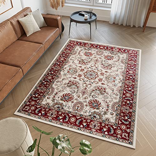 TAPISO Dubai Teppich Kurzflor Creme Rot Klassisch Orientalisch Traditionell Ornament Floral Rahmen Bordüre Wohnzimmer Schlafzimmer ÖKO-TEX 140 x 200 cm von TAPISO