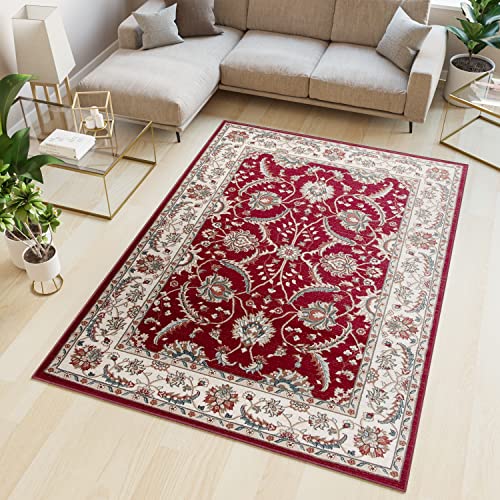 TAPISO Dubai Teppich Kurzflor Klassisch Orientalisch Rot Creme Ornament Floral Blumen Rahmen Bordüre Design Wohnzimmer Schlafzimmer ÖKO-TEX 200 x 300 cm von TAPISO