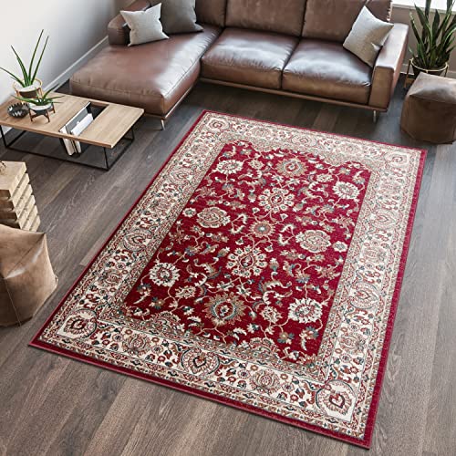 TAPISO Dubai Teppich Kurzflor Klassisch Orientalisch Rubinrot Creme Ornament Floral Verwischt Bordüre Design Wohnzimmer Schlafzimmer ÖKO-TEX 60 x 100 cm von TAPISO