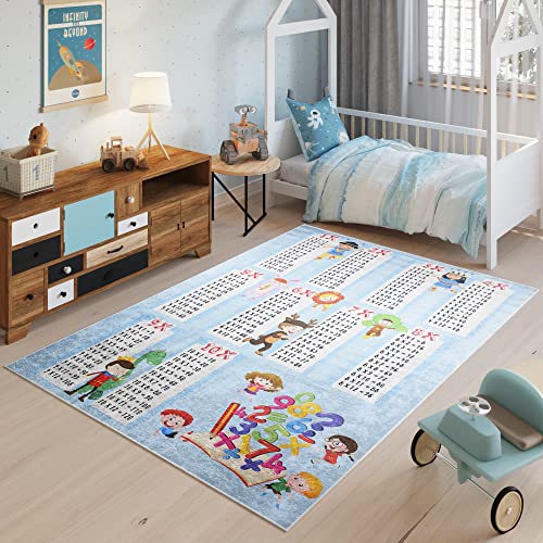 TAPISO Emma Teppich Waschbar bei 30 Grad Blau Bunt Kinder Zahlen Lernen Einmaleins bedruckter Kinderteppich Antirutsch Kinderzimmer Jugendzimmer Modern ÖKO-TEX 80 x 150 cm von TAPISO