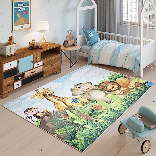 TAPISO Emma Teppich Waschbar bei 30 Grad Bunt Jungle Löwe Elephant Tiere bedruckter Kinderteppich Antirutsch Kinderzimmer Jugendzimmer Modern ÖKO-TEX 140 x 200 cm von TAPISO