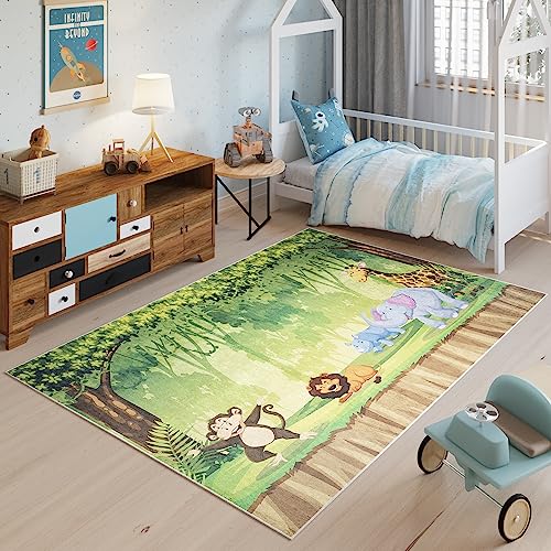 TAPISO Emma Teppich Waschbar bei 30 Grad Bunt Jungle Tiere bedruckter Kinderteppich Antirutsch Kinderzimmer Jugendzimmer Modern ÖKO-TEX 160 x 230 cm von TAPISO