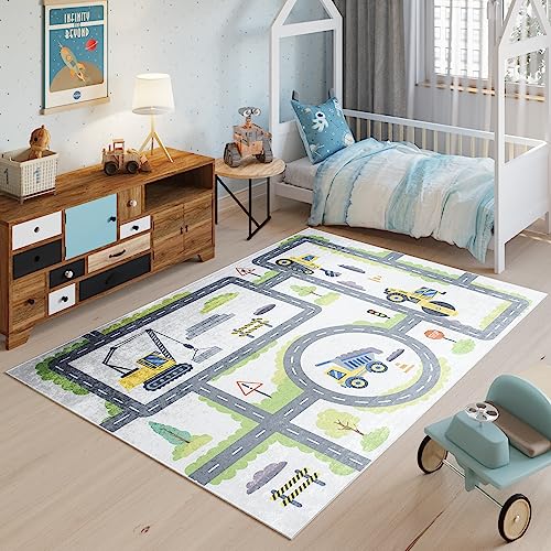 TAPISO Emma Teppich Waschbar bei 30 Grad Bunt Straße Verkehr Baustelle bedruckter Kinderteppich Antirutsch Kinderzimmer Jugendzimmer Modern ÖKO-TEX 140 x 200 cm von TAPISO