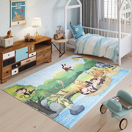 TAPISO Emma Teppich Waschbar bei 30 Grad Bunt Zoo Safari Tiere bedruckter Kinderteppich Antirutsch Kinderzimmer Jugendzimmer Modern ÖKO-TEX 140 x 200 cm von TAPISO