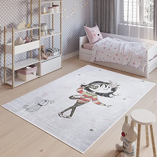TAPISO Emma Teppich Waschbar bei 30 Grad Grau Mädchen Foto bedruckter Kinderteppich Antirutsch Kinderzimmer Jugendzimmer Modern ÖKO-TEX 140 x 200 cm von TAPISO
