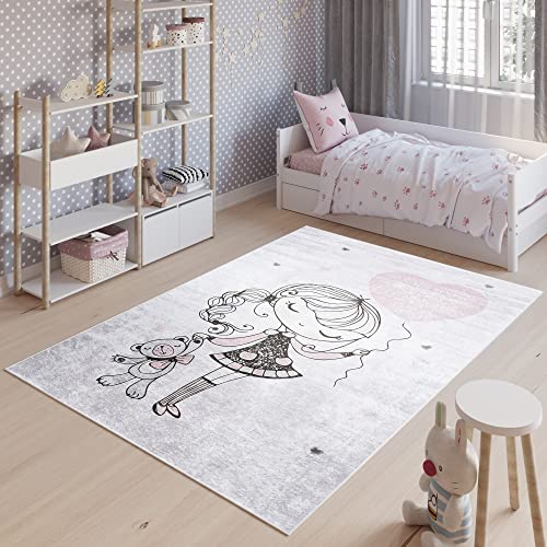 TAPISO Emma Teppich Waschbar bei 30 Grad Hellgrau Mädchen Bär bedruckter Kinderteppich Antirutsch Kinderzimmer Jugendzimmer Modern ÖKO-TEX 160 x 230 cm von TAPISO