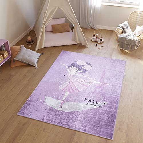 TAPISO Emma Teppich Waschbar bei 30 Grad Lila Balett Ballerina bedruckter Kinderteppich Antirutsch Kinderzimmer Jugendzimmer Modern ÖKO-TEX 120 x 170 cm von TAPISO