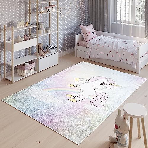 TAPISO Emma Teppich Waschbar bei 30 Grad Schwarz Bunt Einhorn bedruckter Kinderteppich Antirutsch Kinderzimmer Jugendzimmer Modern ÖKO-TEX 140 x 200 cm von TAPISO